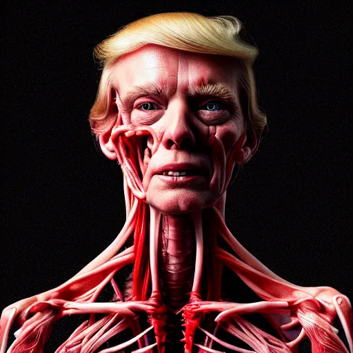 Image similar to Donald Trump with translucent skin, visible muscles and veins and arteries and bones and spine and nerves, beautiful detailed intricate insanely detailed octane render, 8K artistic photography, photorealistic, chiaroscuro, by David Cronenberg, Raphael, Caravaggio