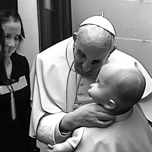 Prompt: the pope caught stealing a baby in cctv security footage black and white