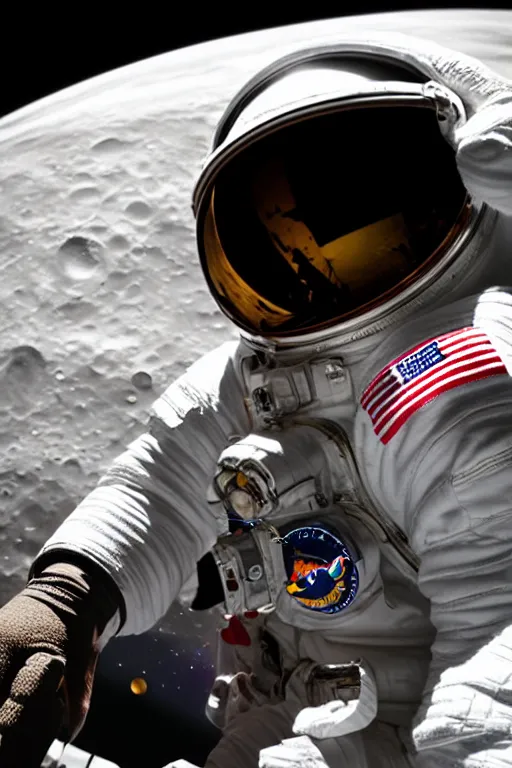 Prompt: extremely detailed studio portrait of space astronaut, holds a smart phone in one hand, phone!! held up to visor, reflection of phone in visor, moon, extreme close shot, soft light, golden glow, award winning photo by eolo perfido