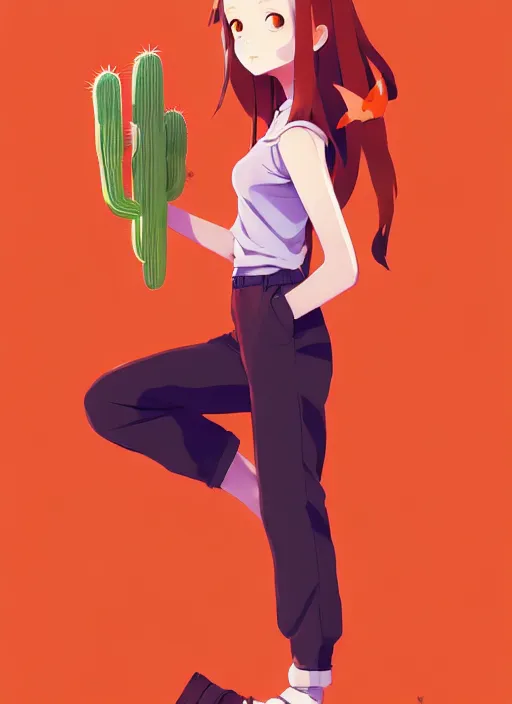 Image similar to portrait of cute redhead girl in orange jumpsuit with fox ears, holding a cactus, cloudy sky background lush landscape illustration concept art anime key visual trending pixiv fanbox by wlop and greg rutkowski and makoto shinkai and studio ghibli