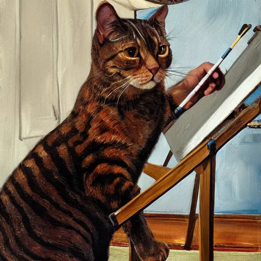 Image similar to high quality high detail painting by lucian freud, hd, ewan mcgregor painting a canvas on easel by river seine dressed as a gentleman in paris at early 2 0 th century. brown cat with him