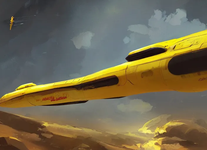 Image similar to a painting of a futuristic yellow submarine plane flying through the sky, red wings, concept art by Ian McQue, cgsociety, highly detailed, artstation, concept art, sci-fi