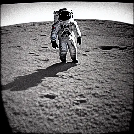 Prompt: found footage of an astronaut walking on a potato, black and white, film grain, light bleed