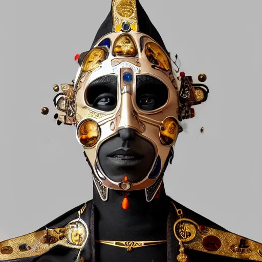 Image similar to a beautiful cyborg made of catholic symbols ceremonial maske