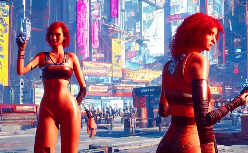 Prompt: woman that knows everything, but don't know what to do in cyberpunk 2 0 7 7 future city new york tokio, red short hair, slim body