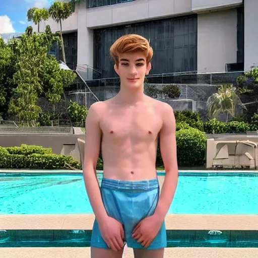 Image similar to “a realistic detailed photo of a guy who is an attractive humanoid who is half robot and half humanoid, who is a male android, twitch streamer Ninja Tyler Blevins, shiny skin, posing like a statue, blank stare, by the pool as a pool boy , display”