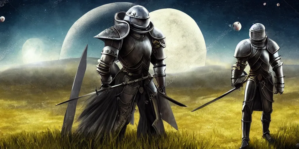 Image similar to medieval fantasy knight standing in a field, many planets in the sky behind him, craters, melancholy tone, composition, extremely detailed,