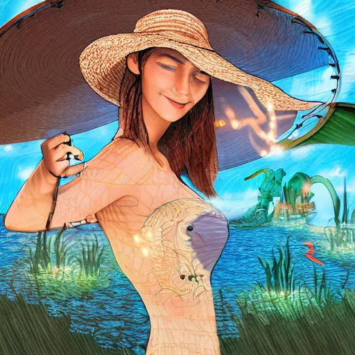 Image similar to digital art girl in straw hat with dragon tatoo with lights traveling around swamp in boat