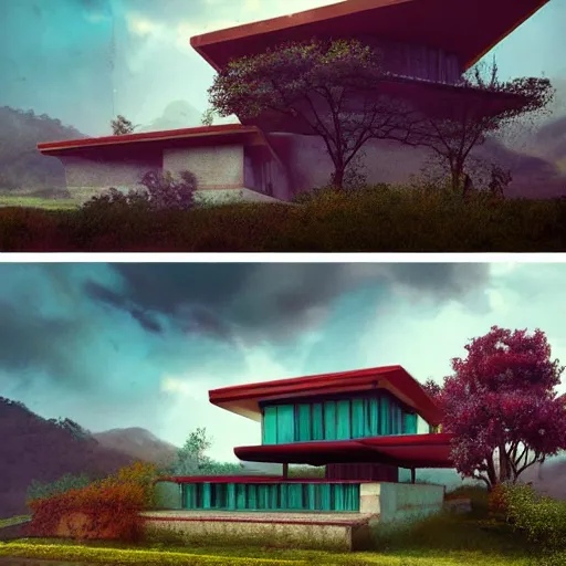 Prompt: modernist house inspired by a tibetan palace, on a green hill between big trees, colorful clouds, dramatic lighting, artstation, matte painting, raphael lacoste, simon stalenhag, frank lloyd wright, zaha hadid