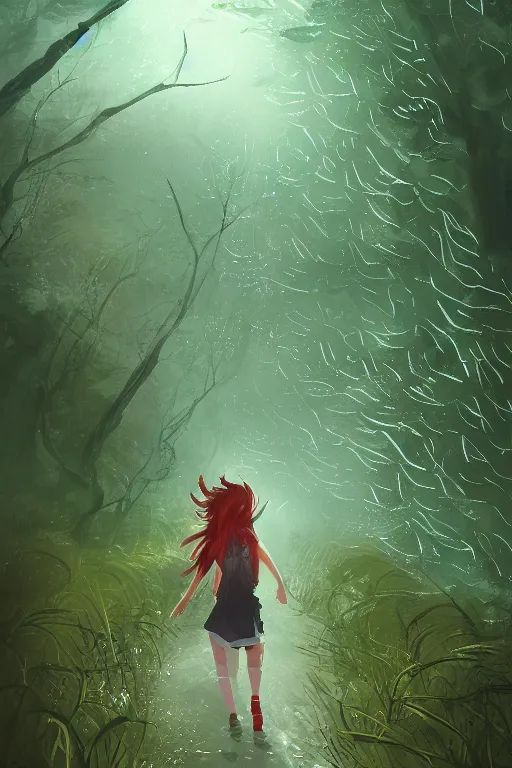 Prompt: young woman trying to walk through heavy winds in tall overgrown forest, award winning illustration, artstation