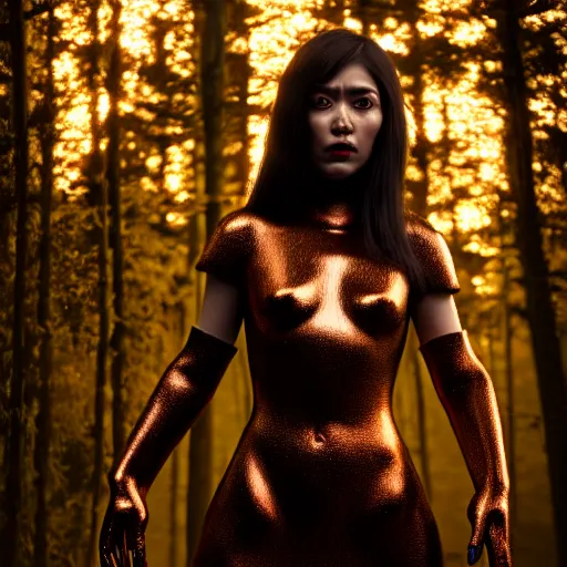 Image similar to highly detailed, ultra realistic, cinematic, woman full body with a copper nose and copper claws, high detail, 8 k, sharp focus, movie still, dramatic lighting, ray tracing, smooth, a female evil demonic character of kazakh mythology, jeztyrnak, standing in the night forrest