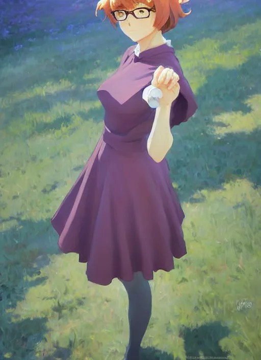 Image similar to Greg Manchess ainting of Velma Dinkley in the style of Violet Evergarden, anime style, winged eyelashes, countryside, calm, fantasy character portrait, dark outlines, dynamic pose, above view, sunny day, artwork by Makoto Shinkai, very coherent asymmetrical artwork, sharp edges, perfect face, simple form, 100mm