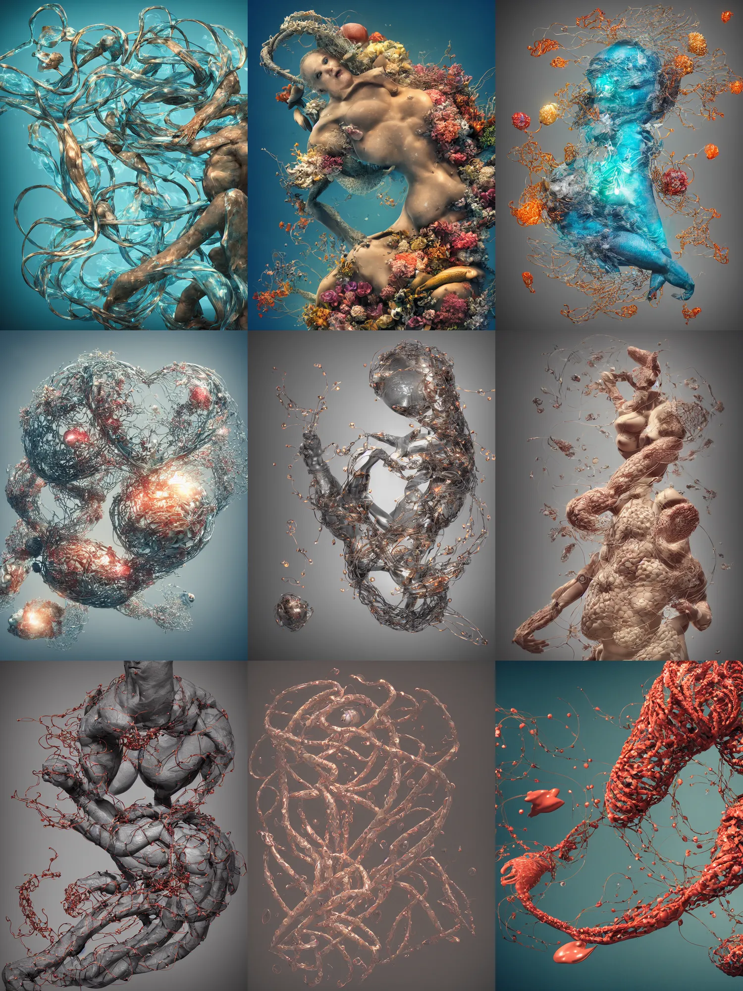 Image similar to a sculpture of fish ocean intertwined, diode lighting, a lovely cornucopia of flowers and human body parts, body parts, heart shaped, highly detailed, octane render, cinematic, shock, sharp focus, ball, an independent psycho, clean, studio lighting