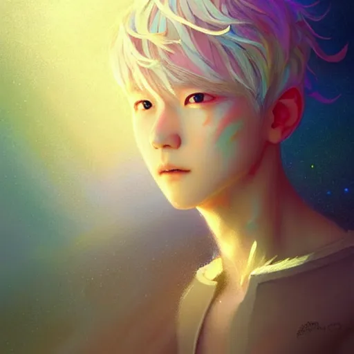 Prompt: harmony of golden 😢, mute, coherent, fairies, light language, white haired male teen jimin, rainbow lineart, by wlop, james jean, victo ngai! muted colors, highly detailed, sharp lineart, crisp quality, smooth, fantasy art by craig mullins, thomas kinkade - w 6 4 0