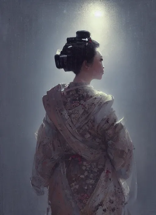 Image similar to female robot geisha girl, beautiful face, rule of thirds, intricate outfit, backlit, by greg rutkowski, by jeremy mann, digital painting