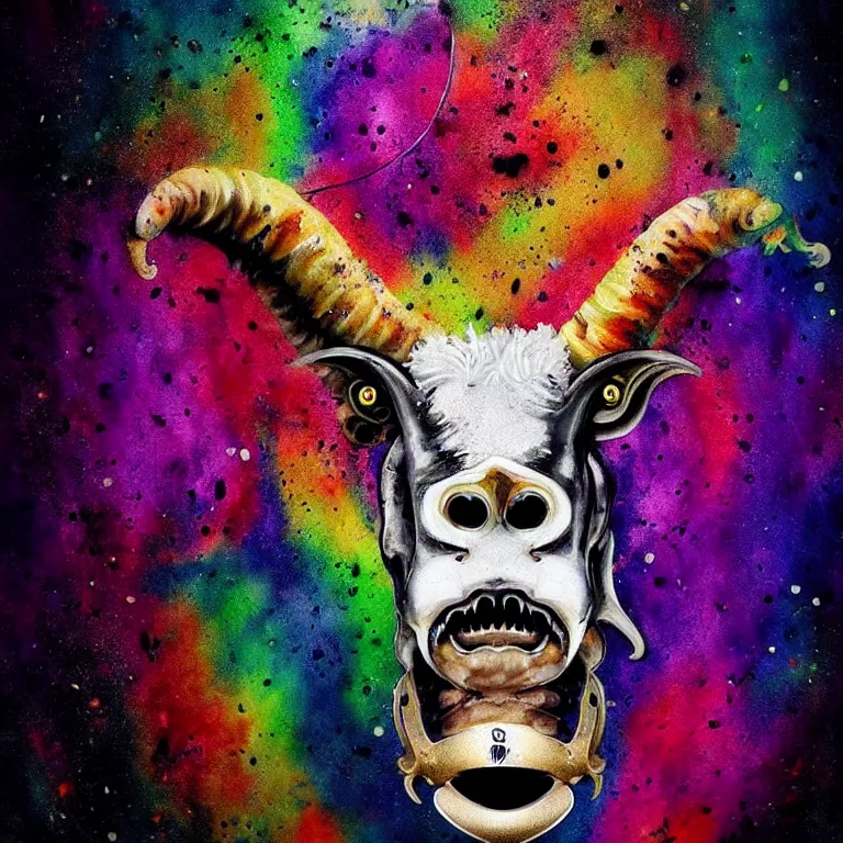 Prompt: cute xenomorph, cow head, lion mane, pig nose, sheep horns, splatter paint, desaturated rainbow color palette, symmetrical, golden ratio, rule of thirds, portrait