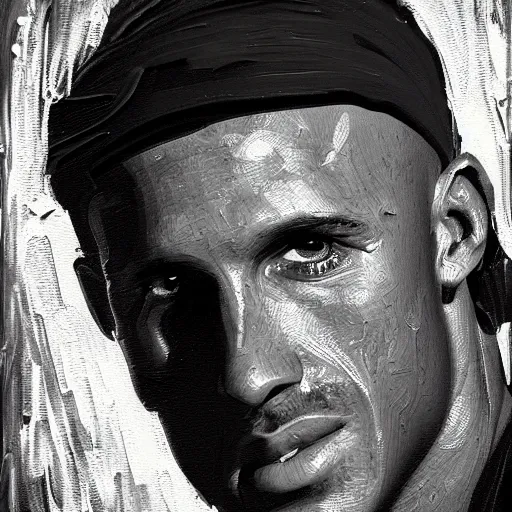 Image similar to an impasto oil painting of kelly slater!! with a moustage painted by leonadro da vinci, 5 0 mm black and white photography, high detail, 4 k resolution