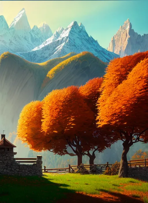 Image similar to a wholesome animation key shot, castle in the middle, swiss alps in the background, autumn foliage in the foreground, studio ghibli, pixar and disney animation, sharp, rendered in unreal engine 5, anime key art by greg rutkowski, bloom, dramatic lighting