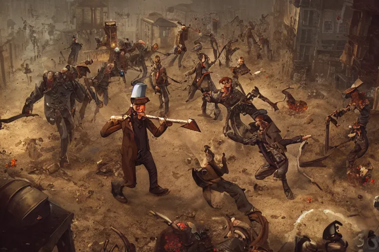 Prompt: steampunk postman fighting a horde of zombies with just a shovel, 3d scene, render, ultra realistic, zenith view, Greg Rutkowski, artstation, cgsociety, level design, unreal engine, render