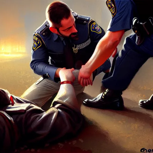 Image similar to jesus christ is placing handcuffs on a police officer, style of greg rutkowski