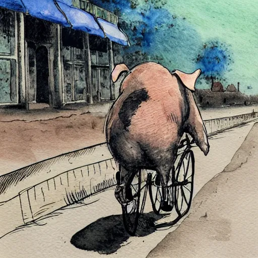 Prompt: a pig riding a bicycle on the road by the seaport,detailed watercolor pen ink illustraion by Hugo Prades