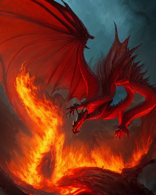Prompt: A red dragon, with phoenix wings and tail, breathing out a massive fire, epic, highly detailed, close-up, fantasy art, dragon art, in the style of greg rutkowski, illustration, epic, fantasy, intricate, hyper detailed, artstation, concept art, smooth, sharp focus, ray tracing