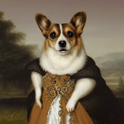 Prompt: historic portrait of the royal Corgi queen