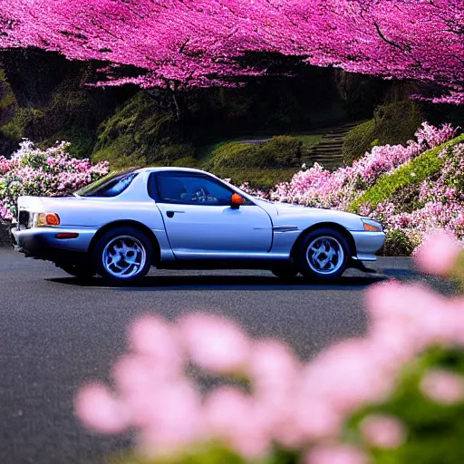 Image similar to a jdm mazda rx 7 driving by mount fuji early in the morning with a few blossom trees around, high quality photo