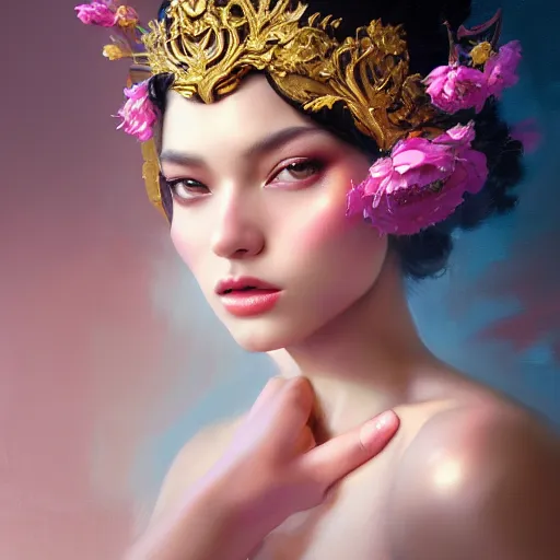 Prompt: realistic expressive oil painting, of alluring european princess, seductive look, smooth glowing skin, glistening body, love, adoration, ornate headpiece made from flowers, glamour shot, by yoshitaka amano, by greg rutkowski, by jeremyg lipkinng, by artgerm and sue bryce, digital art, octane render