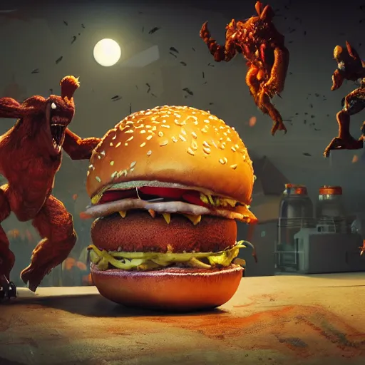 Prompt: fast food monsters, hyper realistic, ambient lighting, concept art, intricate, hyper detailed, smooth, dynamic volumetric lighting, octane, raytrace, cinematic, high quality, high resolution, 4 k, cgsociety, rutkowski, gurney