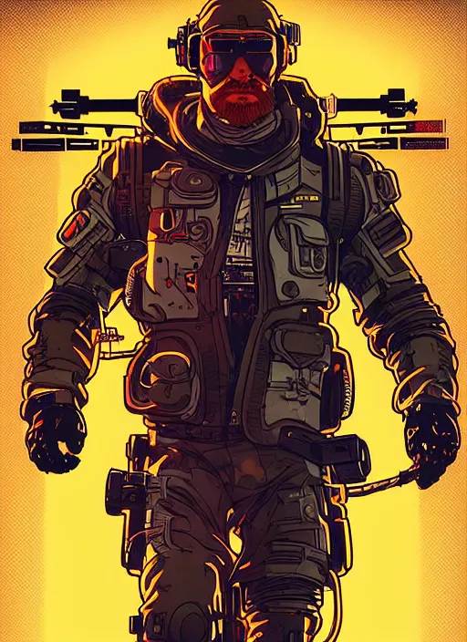 Prompt: cyberpunk soviet blackops commander with scenic sub arctic background. portrait illustration, pop art, art by ashley wood, alphonse mucha, laurie greasley and josan gonzalez. cinematic. dynamic lighting. realistic proportions. creative design. cell shading