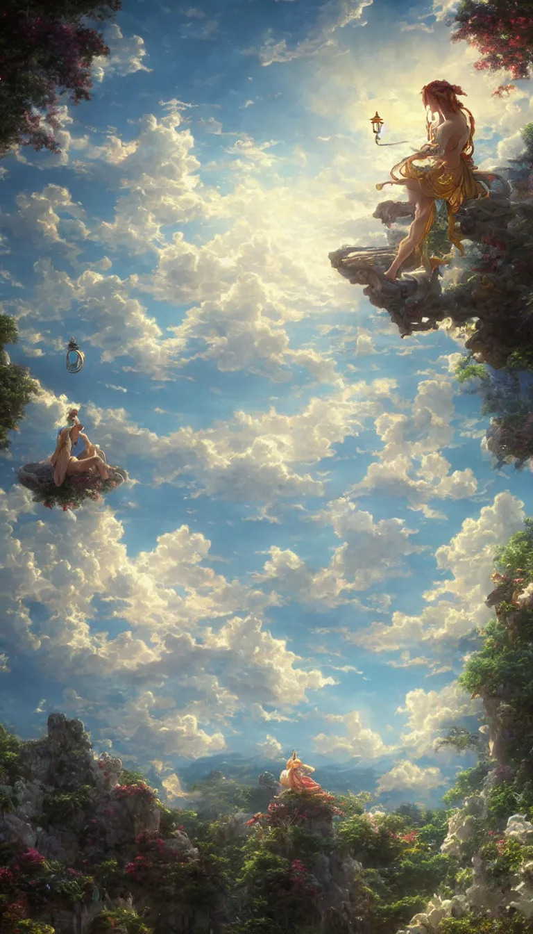 Image similar to wind deity enjoying the view from his stone heavenly palace, decorated with windchimes and paper lanterns, stunning nature and clouds in background, digital art, detailed, volumetric lighting, octane render by anime, stanley artgerm lau, greg rutkowski, thomas kindkade, alphonse mucha, loish, norman rockwel, highly detailed