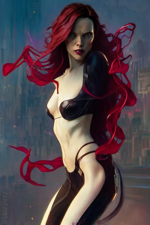 Image similar to gta scarlet witch as aeon flux profile picture by greg rutkowski, dynamic pose, intricate, futuristic, fantasy, elegant, by stanley artgerm lau, greg rutkowski, thomas kindkade, alphonse mucha, loish, norman rockwell, fantasy lut, asymmetric, long hair, retro computer graphics, video game, fluid lines,