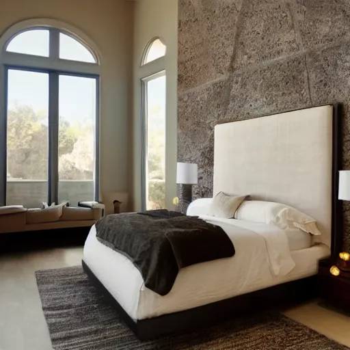 Prompt: award-winning catalog photo modern light limestone headboard in the shape of an ornate fireplace mantel master bedroom
