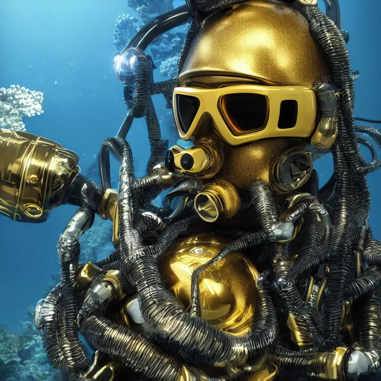 Image similar to octane render portrait by wayne barlow and carlo crivelli and glenn fabry, subject is a futuristic scuba diver with a shiny reflective golden metal helmet with colorful reflective goggles and covered in black ribbed rubber hoses, inside a coral reef aquarium full of exotic fish, cinema 4 d, ray traced lighting, very short depth of field, bokeh