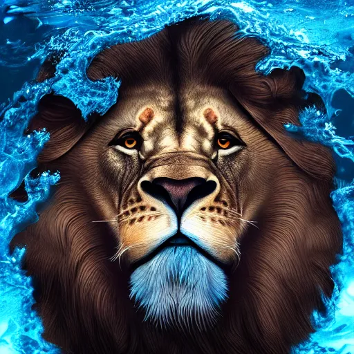 Image similar to a male lion's face breaching through a wall of water, headshot, water sprites, splashing, deep blue ocean, highly detailed, realistic digital art, trending on artstation