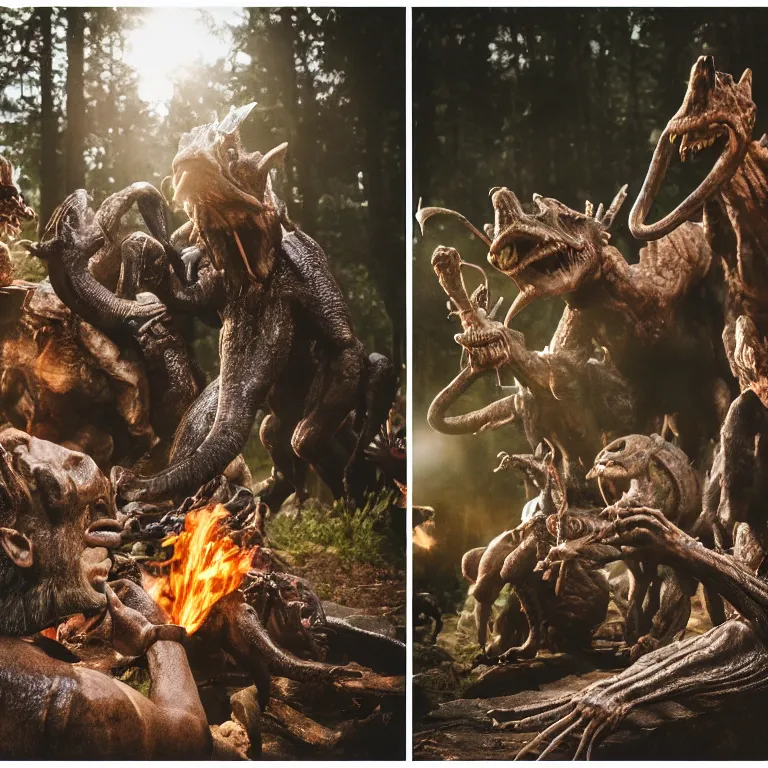 Prompt: 8 5 mm f 1. 8 lit edges, photo, hyper detailed, neanderthal people celebrating first contract with aliens!, eating sushi, surrounded by dinosaurs!, gigantic forest trees, sitting on rocks, bonfire, zoom on alien face