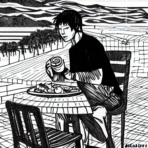 Prompt: a crudely drawn sad teenage boy wearing balenciaga is eating fresh fruit waffles outside the seaside cafe on a cloudy day korean propaganda art.