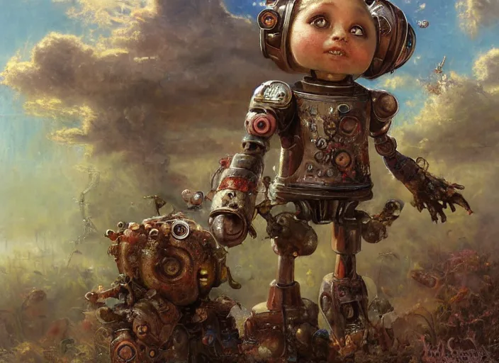 Image similar to a rusty broken down little robot, Lilia Alvarado, Sophie Anderson, Mark Arian, Bob Byerley, Charlie Bowater, Mark Brooks, Steve Henderson, Justin Gerard, Arthur Hughes, Edward Robert Hughes, Mark Keathley, Victor Nizovtsev, Carlos Shwabe, Ross Tran, WLOP