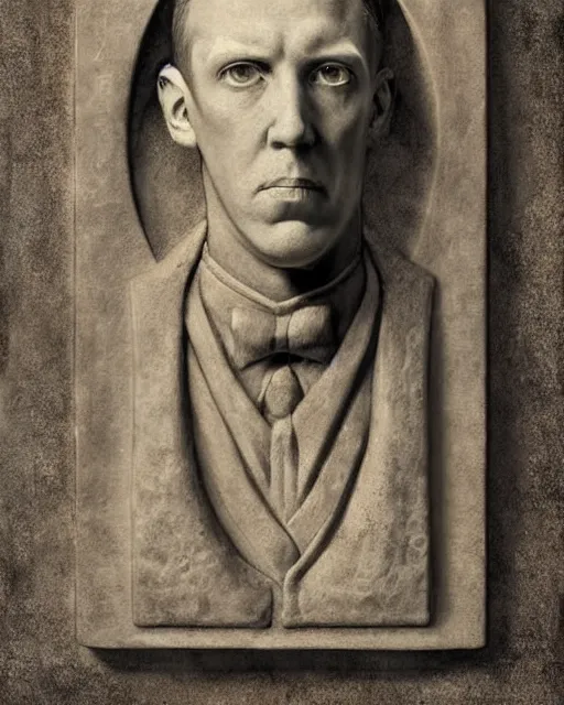 Image similar to portrait of a 1 9 2 0 s h p lovecraft as. a bar relief sculpture on a base, scholarly appearance, detailed face, 2 0 th century, highly detailed, cinematic lighting, digital art painting by greg rutkowski