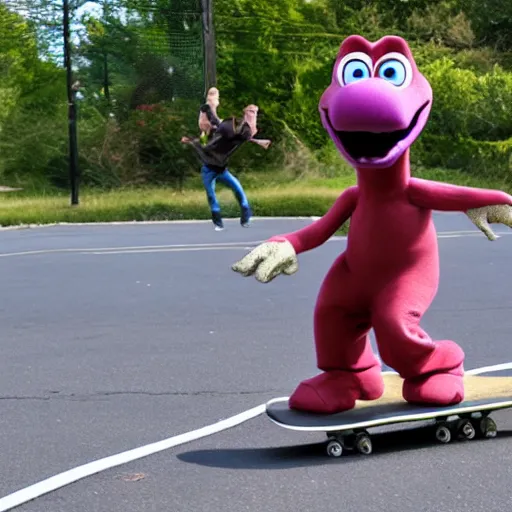 Image similar to photo of barney the dinosaur skateboarding