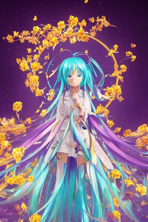 Prompt: breathtaking detailed digital painting ofhatsune miku with amethyst wings and golden ribbons in kimi no na wa sky, by celestialfang, matchach, juanmao, dustin panzino, art nouveau golden rose flowers floating around, detailed, rembrandt style, volumetric lighting, concept art, matte, sharp focus, trending on artstation