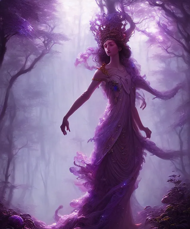 Image similar to ultra detailed, magical realism, portrait painting, of the beautiful empress within the enchanted glowing purple forest, volumetric lighting, depth of field, illusion, intricate details, by greg rutkowski, peter mohrbacher and peter coulson