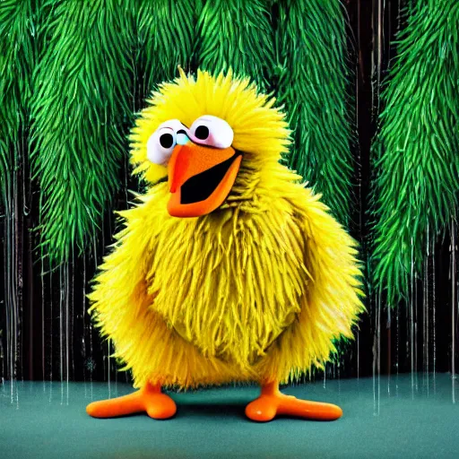 Prompt: hyperrealistic photo of sesame street's big bird if they were a real life penguin. anatomically correct bird. intricate, highly detailed tiny eyes extremely detailed picture, jungle canopy in the background, light and rain trickling through