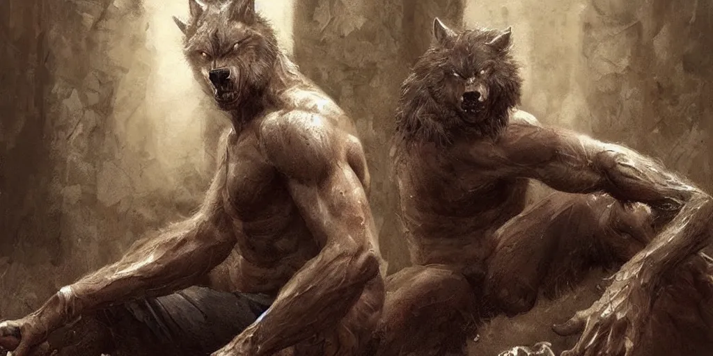 Image similar to Portrait of a rugged werewolf sitting down, male, muscular, detailed face, bare thighs!!!, simple clothing!!!!!, fantasy, medieval, highly detailed, cinematic lighting, digital art painting by greg rutkowski