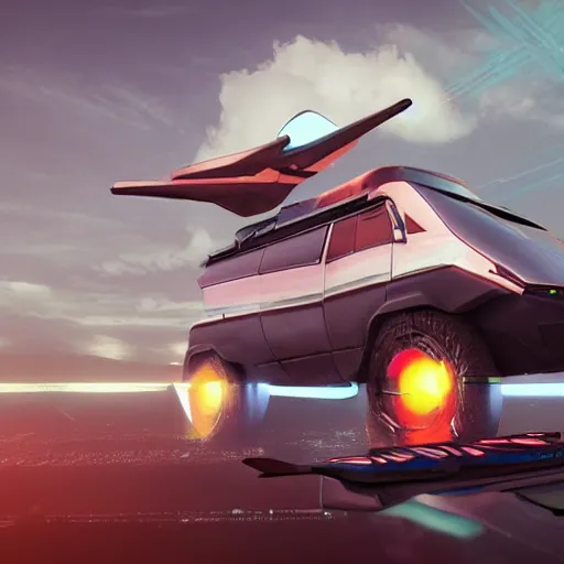 Image similar to cyberpunk alien concept of the a - team van with a pair of airplane wings on the sides, flying trough the sky, futuristic look, highly detailed body, very powerful, photorealistic camera shot, crisp quality and light reflections, unreal engine 5 quality render