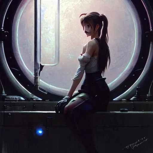 Prompt: Portrait of Aerith Gainsborough by Greg Rutkowski. She is hiding from a Shinra robot in the Reactor Core by Mark Arian. It is dark and stark and industrial by H.R. Giger. soft render, octane, highly detailed painting by Moebius. artstation Blank Canvas Scene by Tetsuya Nomura.