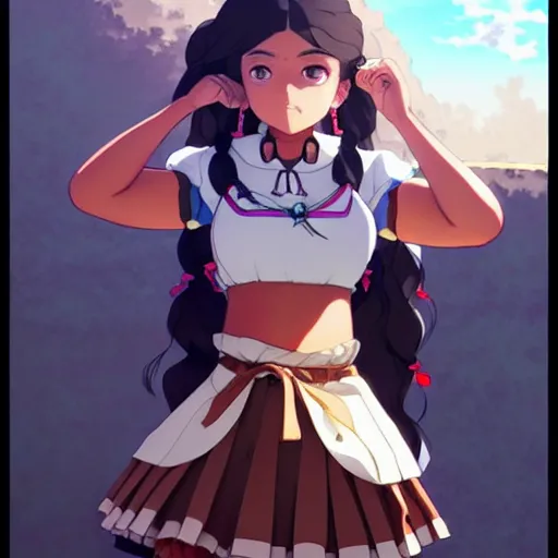 Prompt: a beautiful! plus sized instagram model, brown skin, wearing catholic school girl outfit with mayan pattern and native style, jrpg aztec street fashion, gapmoe yandere grimdark, trending on pixiv fanbox, painted by greg rutkowski makoto shinkai takashi takeuchi studio ghibli, akihiko yoshida