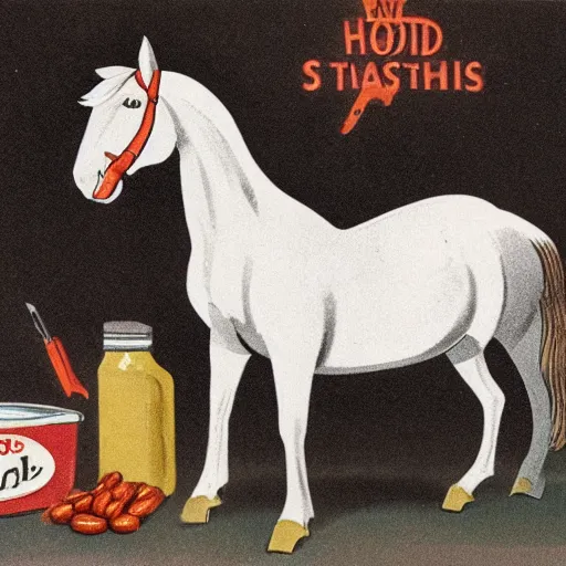 Prompt: vintage 1 9 5 0 s illustration of a horse sitting in a tub full of baked beans