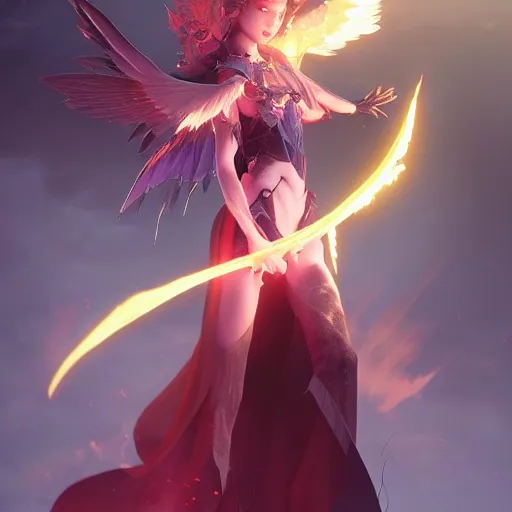 Image similar to young vampire princess witch summons with burning wings 4 k high definition dramatic lighting artstation trending path traced contrast light and dark cinematic breathtaking by dore, gustave and noriyoshi ohrai